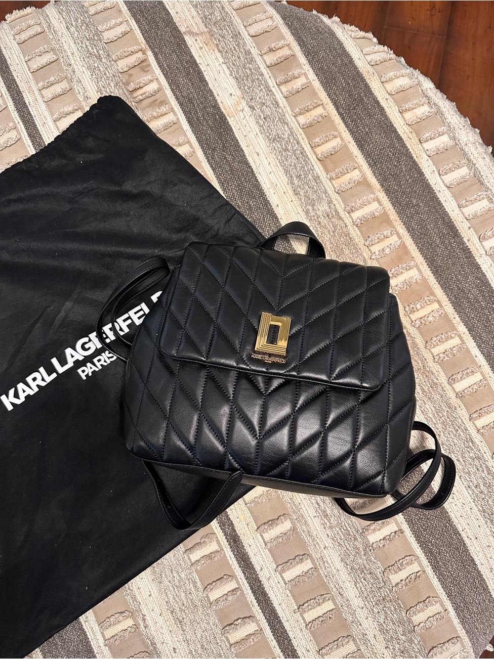 Karl Lagerfeld Black Quilted Leather Backpack with Gold Hardware